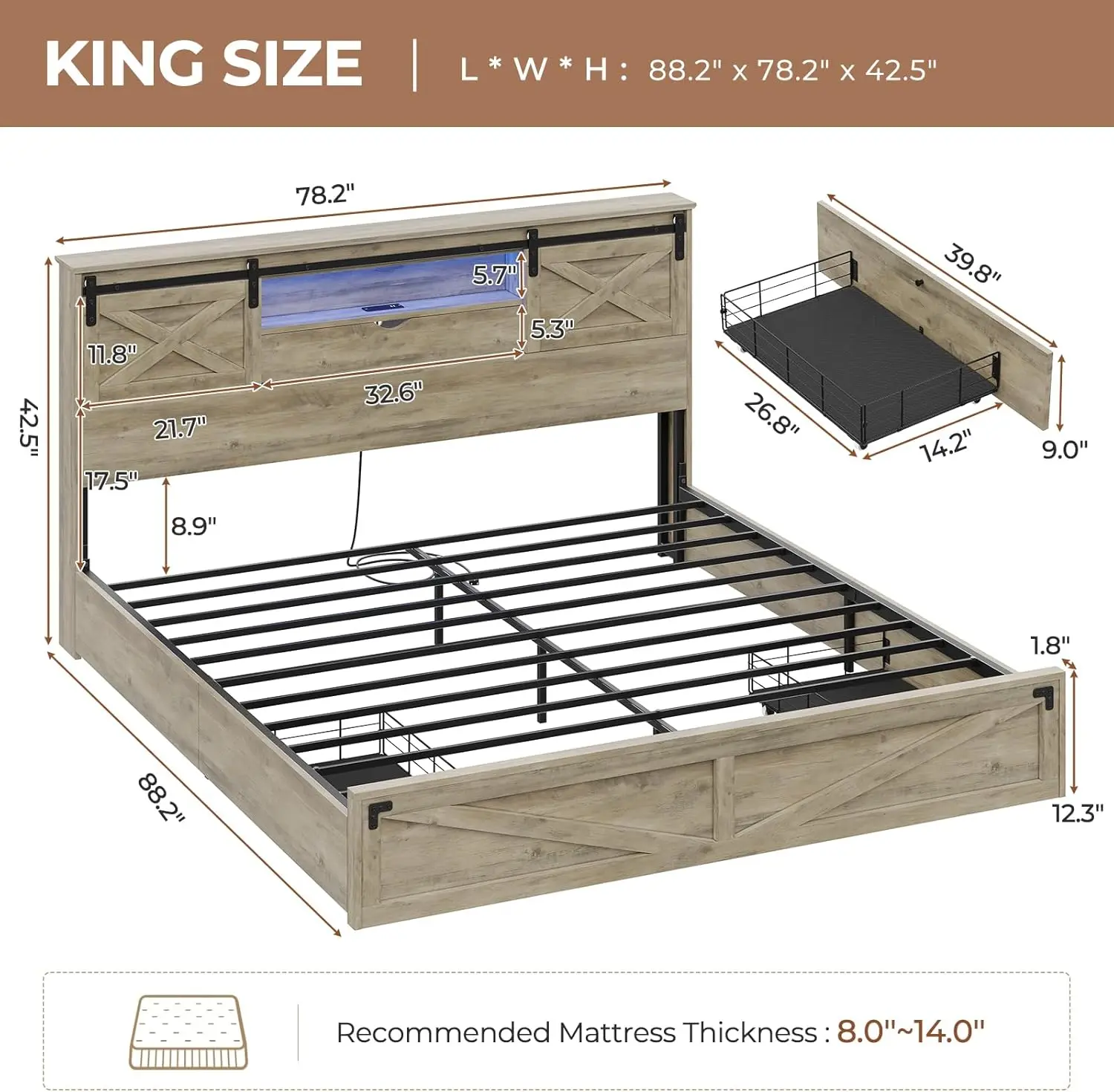 Bed Frame King Size with LED Lights and Charging Station, Wooden King Bed with 2 Storage Drawers, Rustic Headboard with Sliding