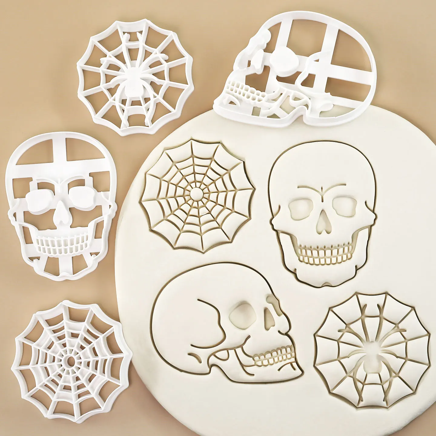 4 Pcs Halloween Themed Cookie Cutter Set 3D Skull Spider Web Shaped Baking Tools for Day of the Dead Party Decorations
