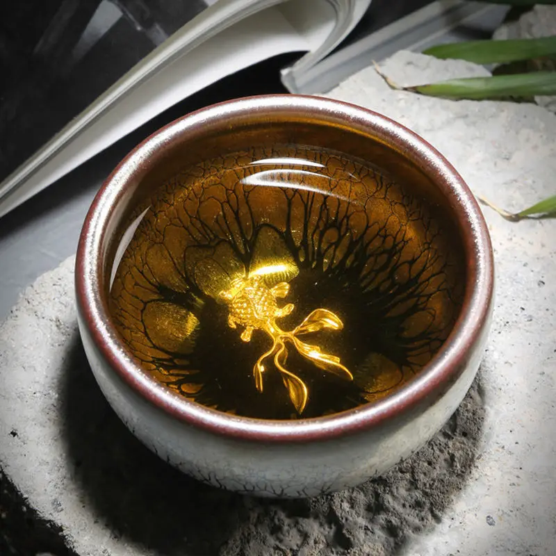 Jianzhan Ceramic Tea Cup Tenmoku Glazed Gilt Gold Inlaid Silver Dragon Teacup Pigmented Kung Fu Tea Bowl Pigmented Tea Set