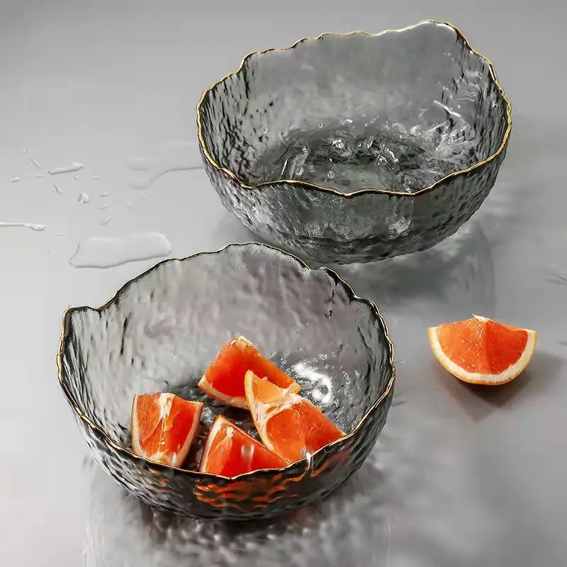 Japanese Style Gold Edged Irregular Glass Bowl Salad Hammer Pattern Bowl Household Instant Noodle Bowl