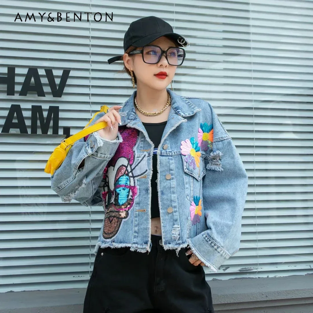 

2024 New Autumn Jeans Cardigan Coat Fashion Design Cartoon Sequins Slimming All-Matching Short Denim Jacket For Women's Jaquetas