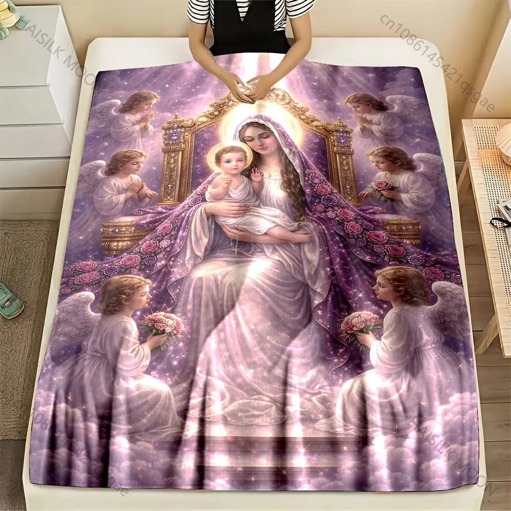 1PC Virgin Mary surrounded by angels Print Blanket Warm Soft Fluffy Kids and Adult Sofa Bed Throw Blanket Travel Camping RV