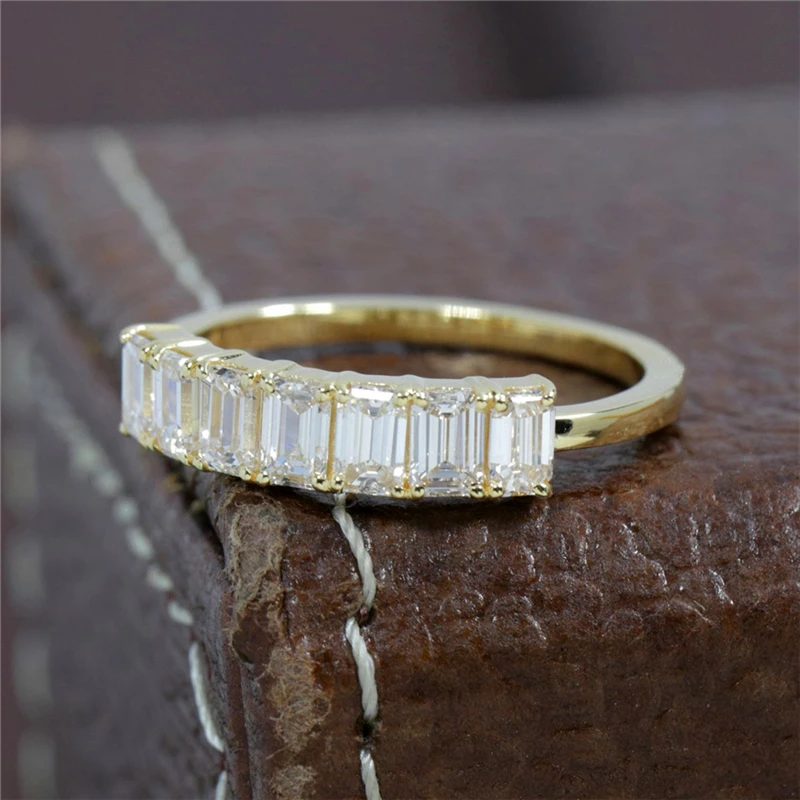 JY Jewelry 18K Yellow Gold 7 Emerald Cut Lab Diamond Half Eternity Band Women Wedding Ring 14K HPHT Lab Diamond Women Ring