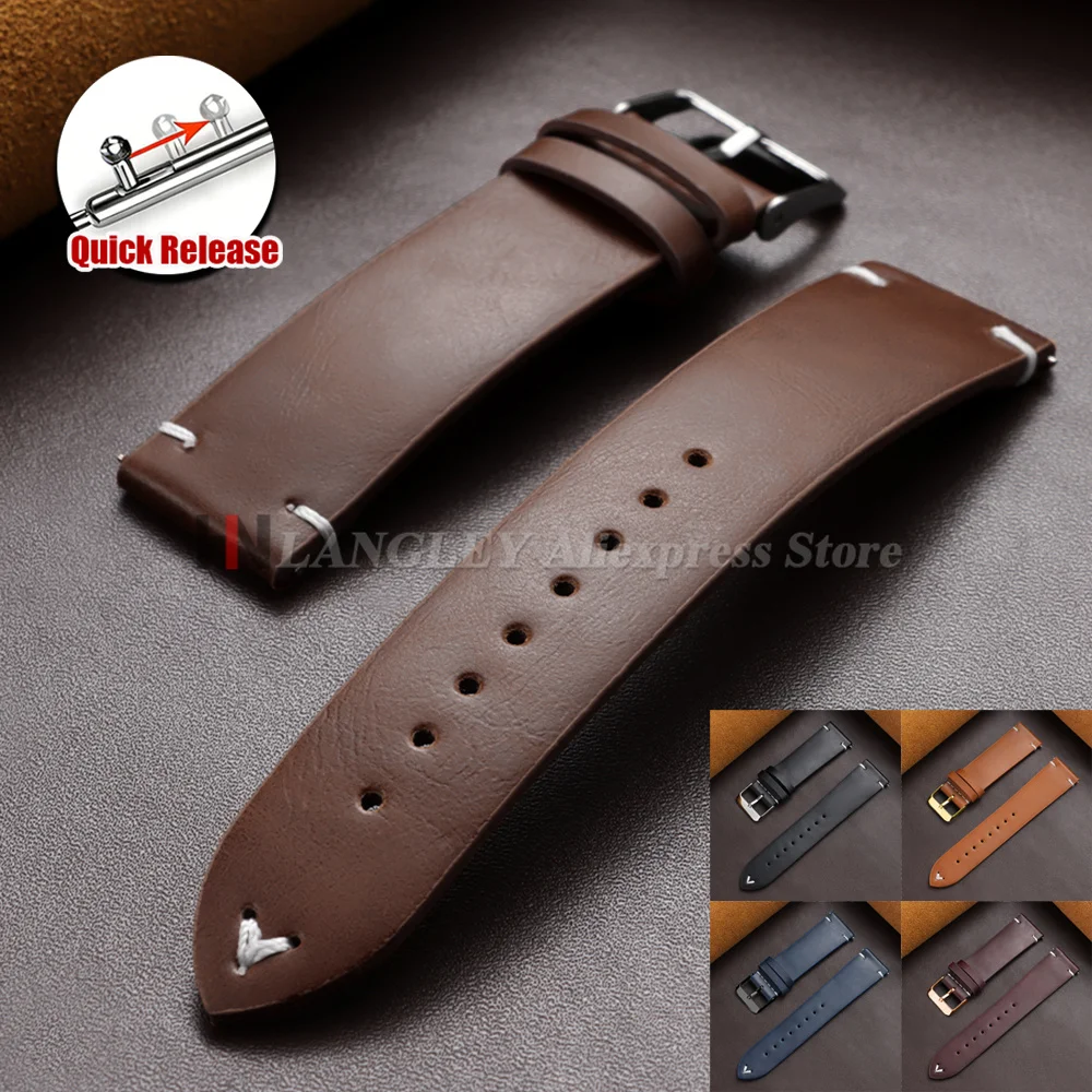 Correa de Reloj de Cuero Encerado Vintage de 18mm 20mm 22mm, Correas de Cuero Vacuno Marrón y Negro, Liberación Rápida, Brazalete Universal para Hombre