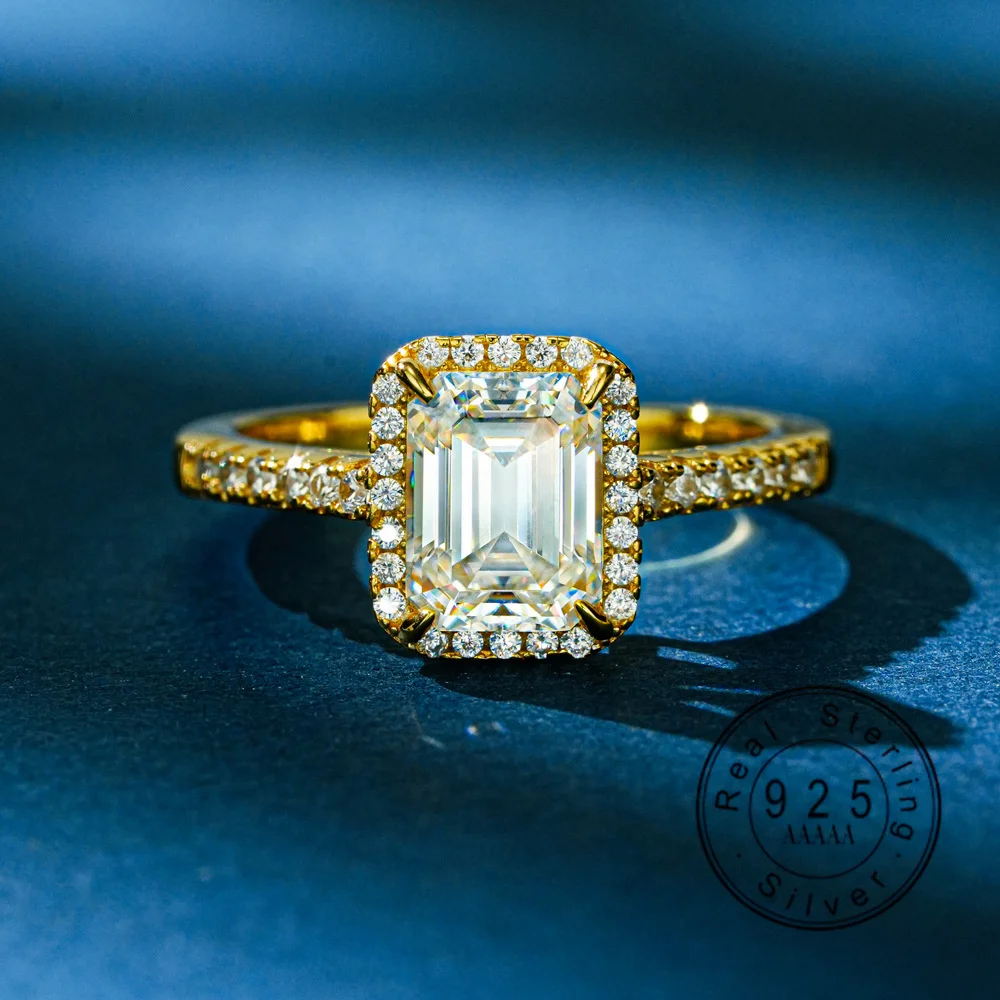 

2CT Emerald Cut Moissanite Halo Ring 925 Sterling Silver Yellow Gold Plated Engagement Wedding Band for Women Luxury Fine Jewelr