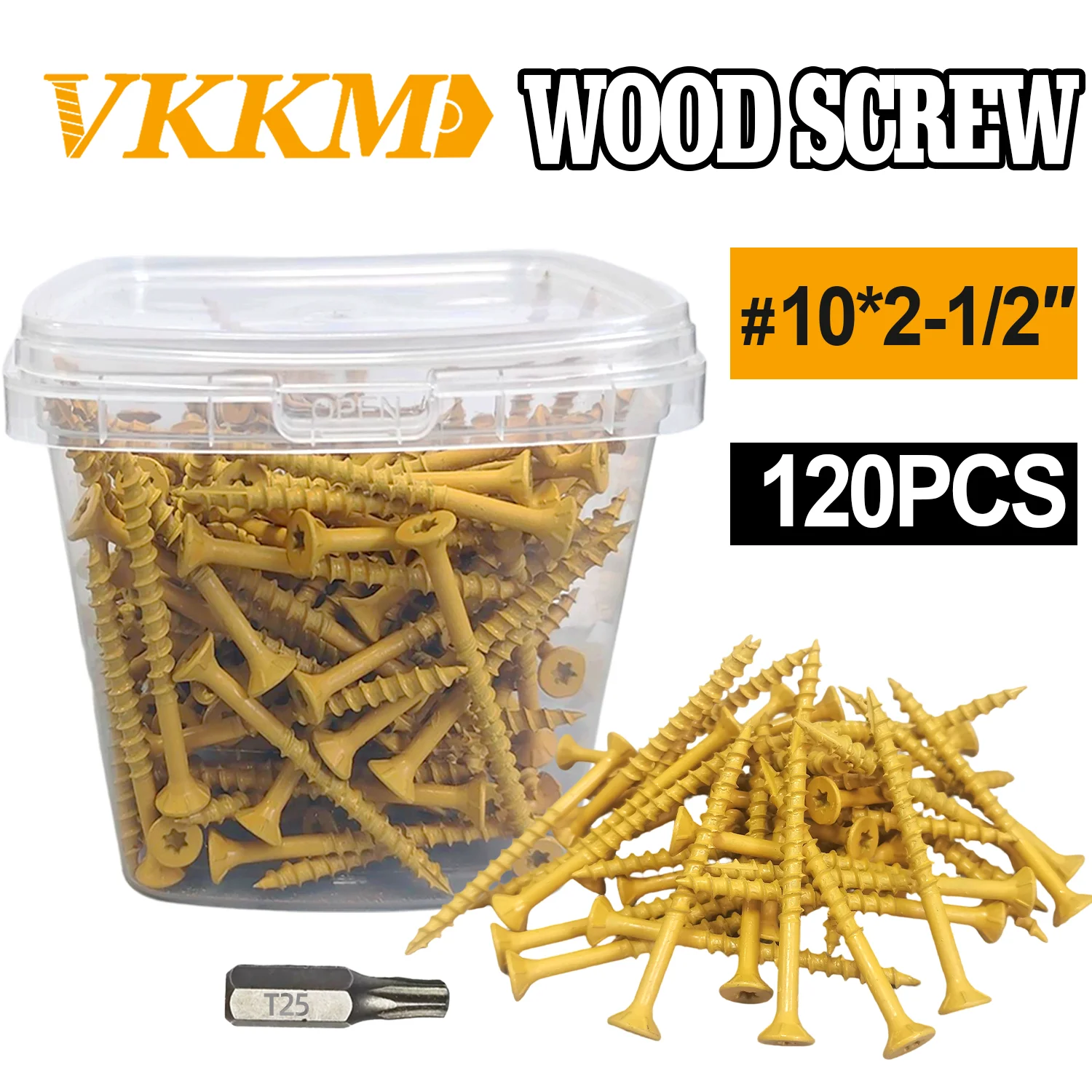 

VKKM 2-1/2-inch Deck Screws, Wood Screws #10*2-1/2, 120 Pieces, Anti-rust Epoxy Resin Coating, Including Torx T25 Drive, Yellow