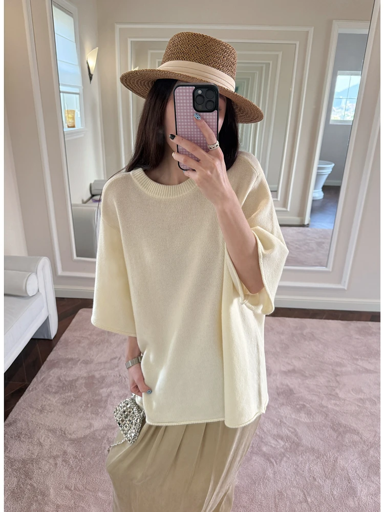 

Ele Simple Sle Шерстяной вязаный свободный топ oulder Revealing Medium Sve Thin Loose Fit круглый Ne Button up Spring Fas...