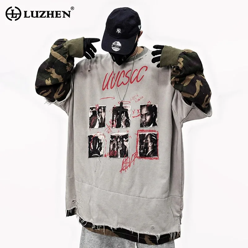 LUZHEN 2026 New Trendy Original Patchwork Pattern Printed Baggy Splicing Long Sleeve T-shirts Men's Street Hip -hop Tops JY9098