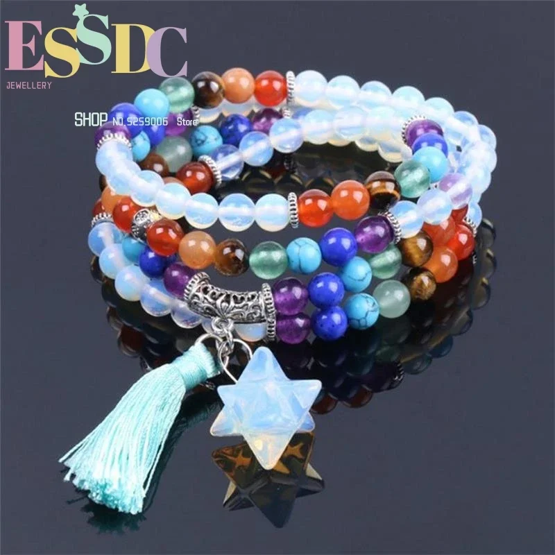 

6mm Ethnic Multi-circle 108 Strand Bracelet or Necklace Synthetic Opal Mer-Ka-Ba Charm 7 Chakra Tassel Wrist Jewelry for Women