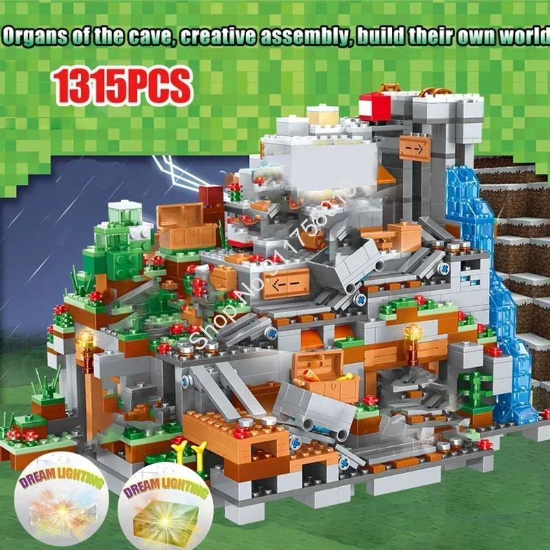 Minecraftinglys My World Model Building Blocks para crianças, caverna da montanha, aldeias, figuras compatíveis, brinquedos quentes, 1315pcs