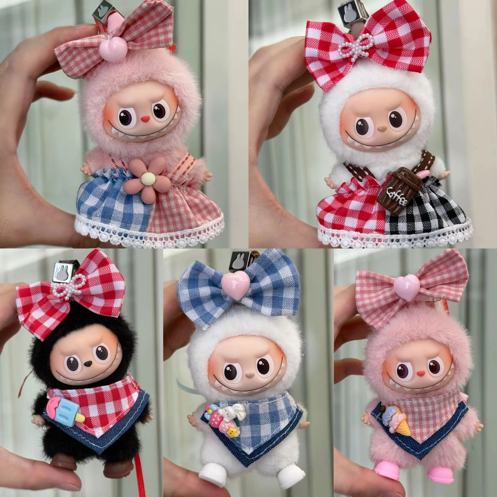 

For 10cm 4th Gen Mini Labubu Heart Code Bow Dress & Bib Outfit Set, Cute Frilly Apron Costume for Keychain Vinyl Doll