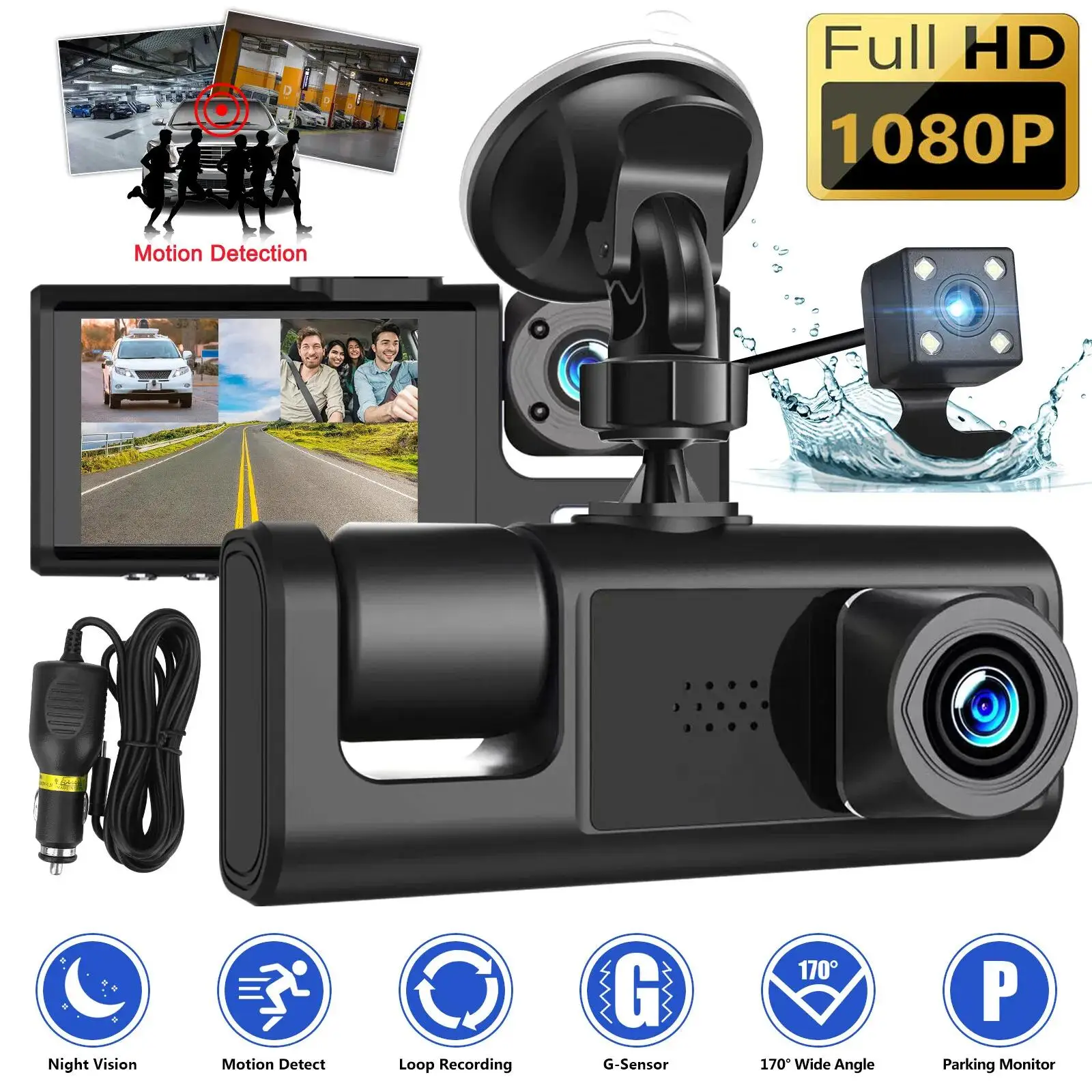 3 Camera Lens Car DVR 3-Channel Dash Cam HD 1080P Dash Camera Dual Lens Dashcam Video Recorder Black Box 24H Parking Monitoring