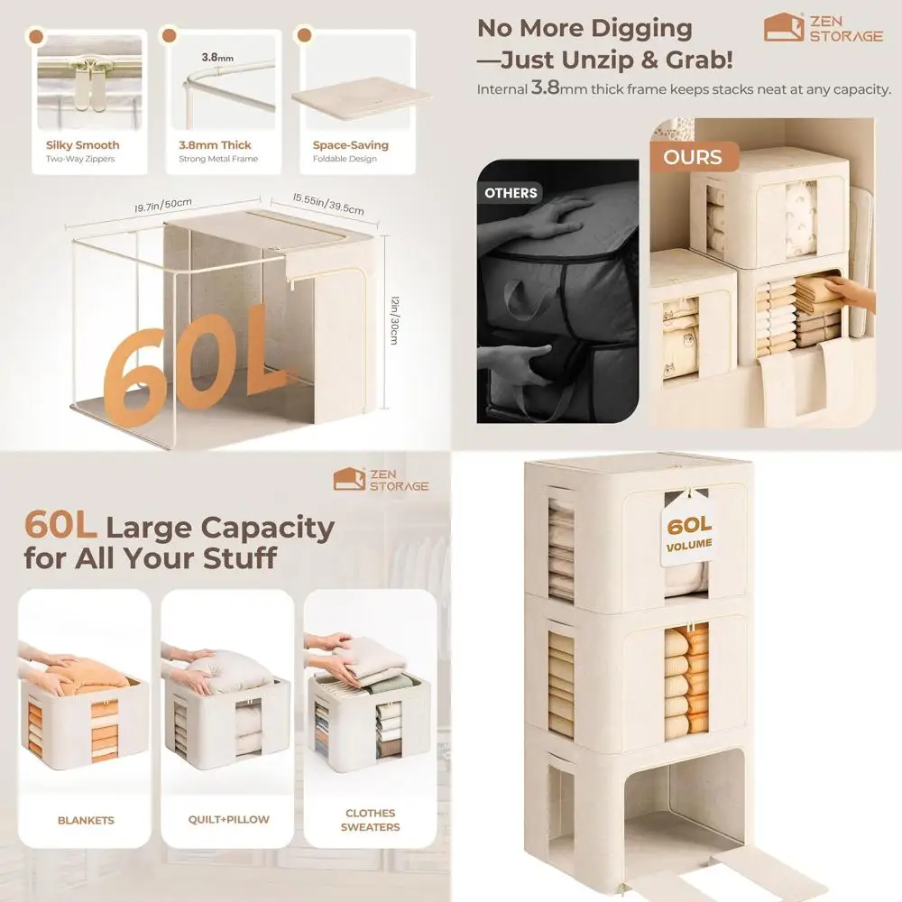 

Большие тканевые контейнеры для хранения объемом 60 л с прозрачным окном, штабелируемые льняные коробки для свитеров, одеял, пледов и футболок