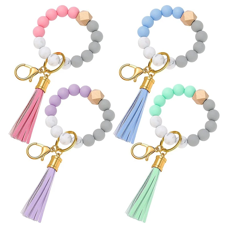 4 Pieces Silicone Key Ring Bracelet With Leather Tassel For Women Valentines Day Gifts