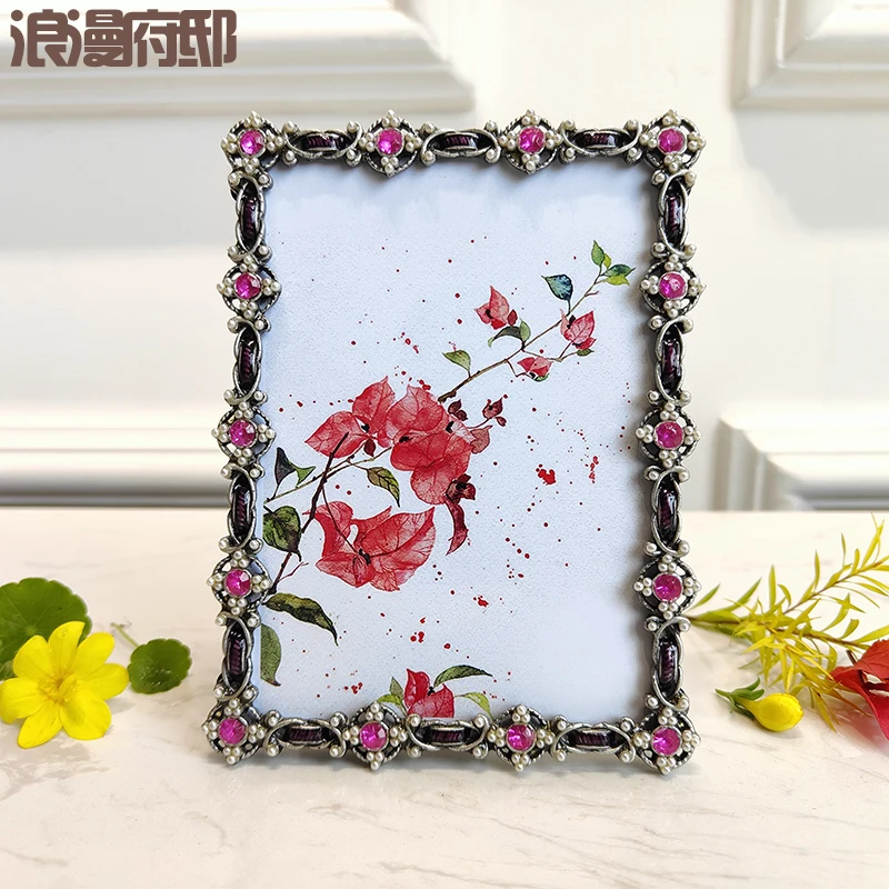 

Мебель для дома, 5-дюймовая эмалированная фоторамка в американском стиле ретро с красными бриллиантами и бесплатной фотопечатью