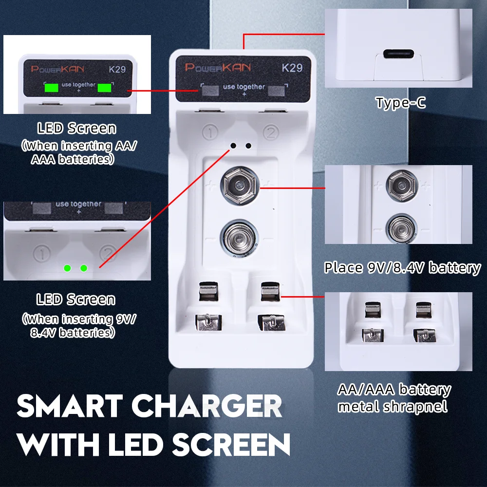 POWERKAN K29 for 9V Ni-MH/8.4V Li-ion&1.2V Ni-MH: AA/AAA Battery Charger 2-Slot Portable Small 3 Color Choices