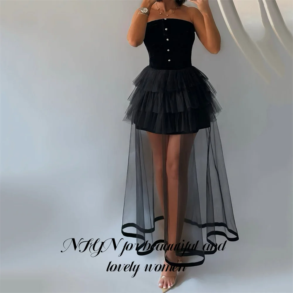 NFYN ثوب مسائي أسود بدون حمالات فساتين لحضور الحفلات الموسيقية فساتين سهرة زفاف صغيرة مخملية مع طبقات تول رداء de soirée مخصص #4