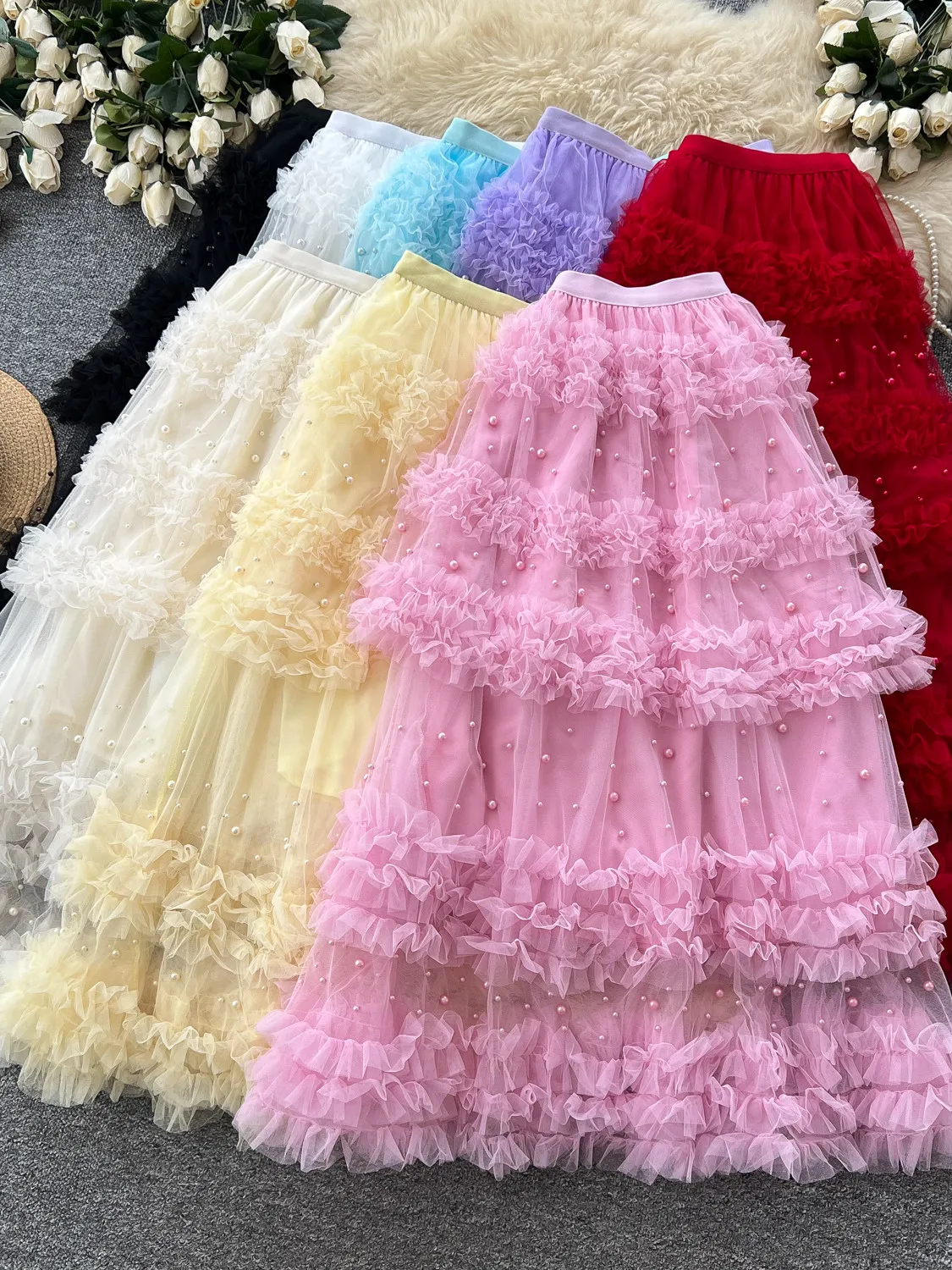 Women's Pink High Waist Mesh Tiered Skirt Ruffle A-Line Skirt Y2K Gyaru Vintage Korean Style Flowy Long Skirt for Women Summer