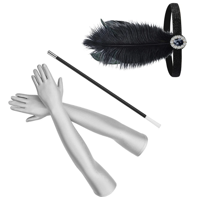 Women Flapper Accessories Party Costume Set Feathers Headband Satins Gloves Cigarette Holder Cocktail Party Prom