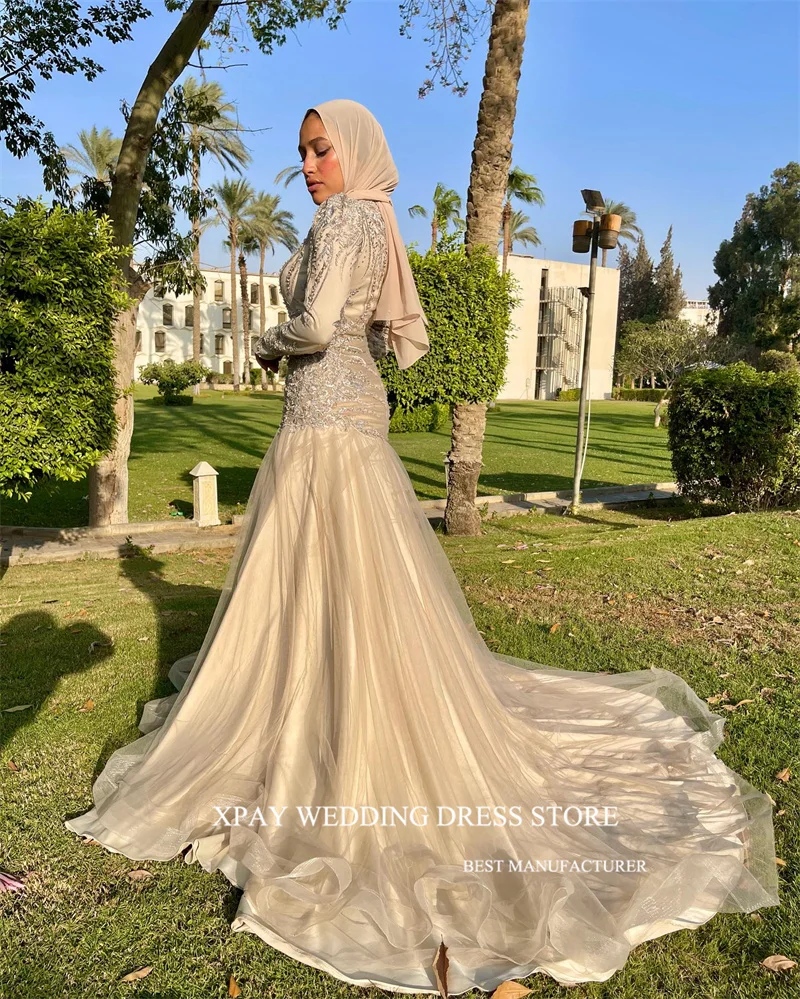 XPAY Modest Glitter Muslim Arabic Women Evening Dresses Long Sleeves O-Neck Tulle Prom Gowns Fomral Party Occasion Dress