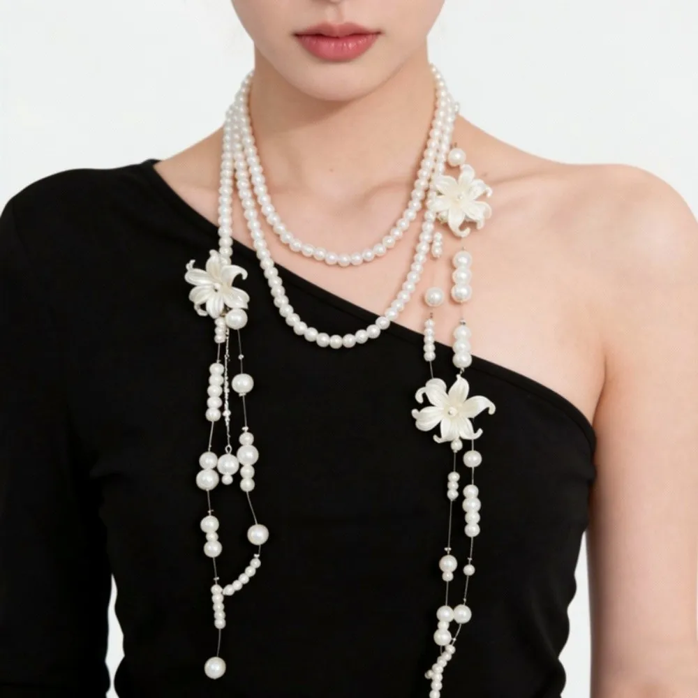 Multi Layer Lilium Flower Pearl Necklace Faux Pearl Balletcore Style Multilayer Choker Chain Aesthetic Design Long Tassel
