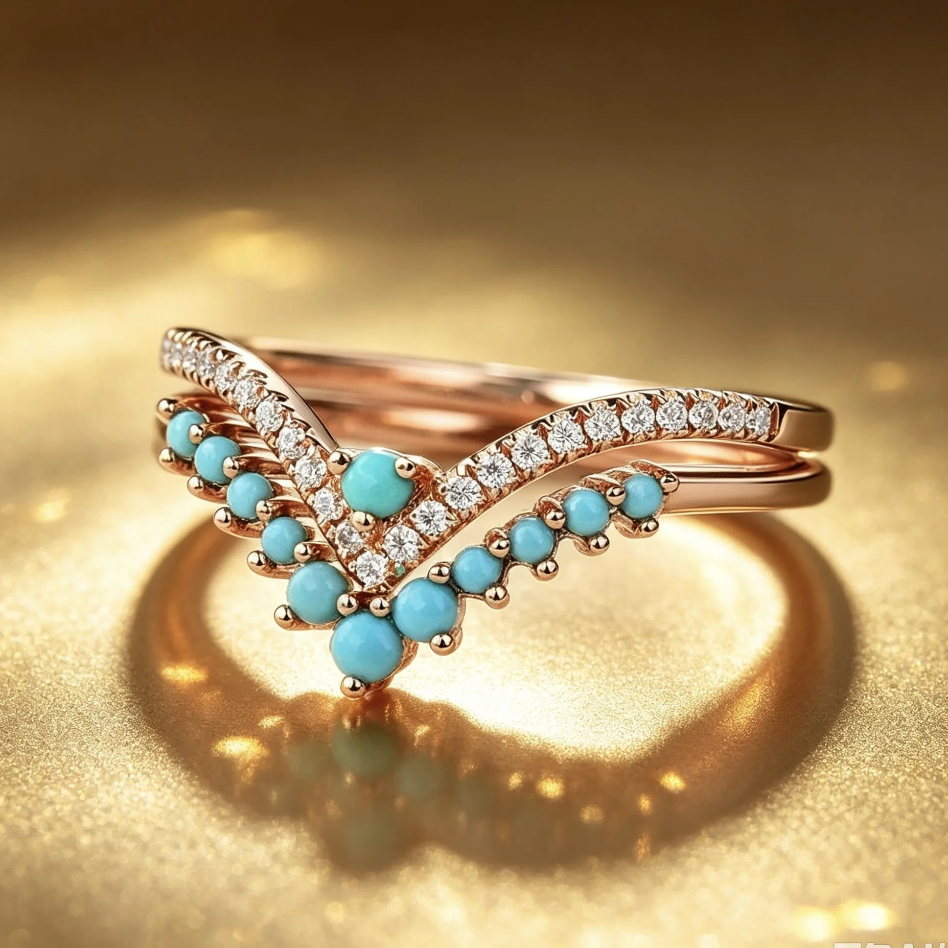 V‑Shape Stacked Ring, Turquoise & Zircon Rings, Vintage Bohemian Jewelry, Wedding Promise Gift for Women Daily Party Accessories