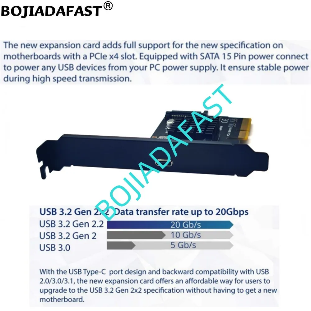 20Gbps USB 3.2 Type-C Port To PCI Express X4 PCI-E 4X Expansion Riser Card ASM3242 With SATA 15PIN Power Connector