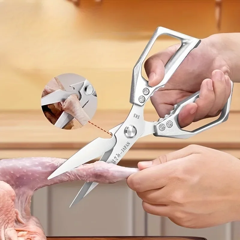 Multifunctional Stainless Steel Kitchen Scissors, Bone Cutter with Fish Scaler, Walnut Cracker & Bottle Opener