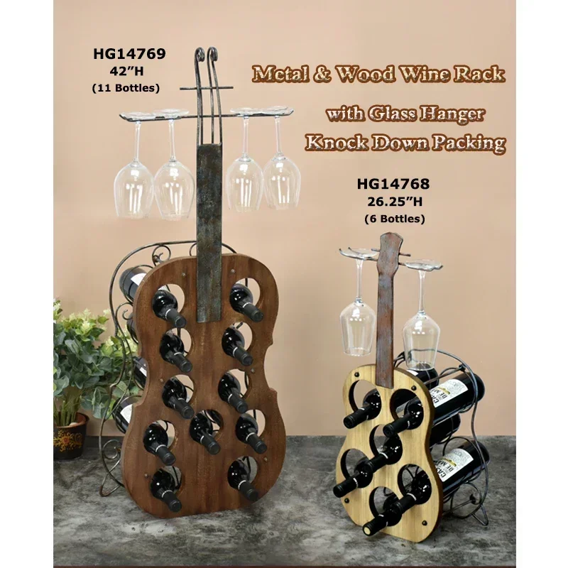 Cello Shape 11 Bottles Decorative Metal Wine Glass Rack Wooden Wine Bottle Holder Wine Rack Display Hot sales