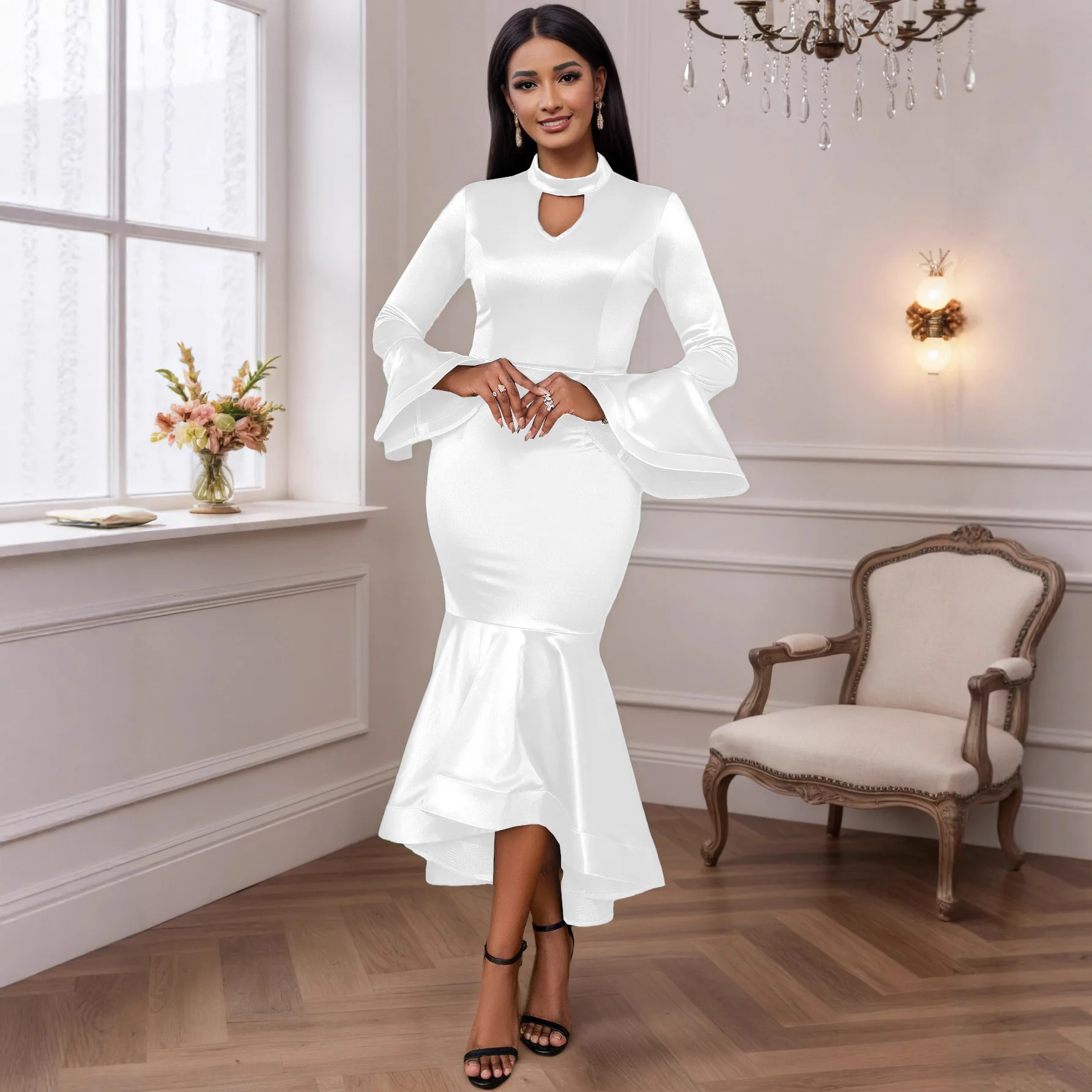 

Новое вечернее платье с вырезами, воротником-стойкой, расклешенными рукавами, асимметричным силуэтом и эффектом «русалка», подчеркивающее талию, элегантное женское платье для вечеринок