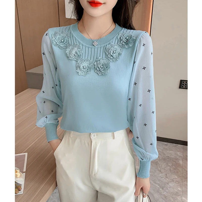 Women Stylish Print Patchwork 3D Flower Beaded Chic Knitwears Autumn Sweet Elegant Long Sleeve Slim Pullover Tops Ropa De Mujer