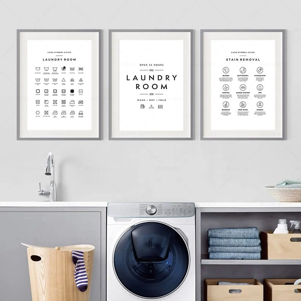 Laundry Room Guide Symbol Sign Print Stain Removal Canvas Painting Laundry Instructions Wall Pictures Modern Bathroom Home Decor