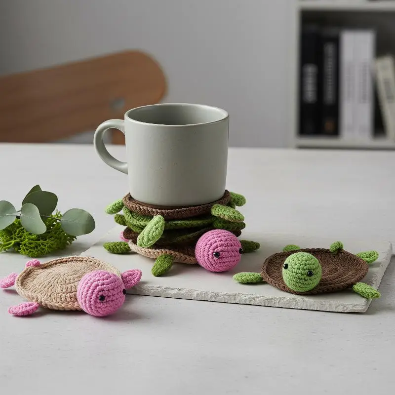 Handgemachter Häkeluntersetzer in Schildkrötenform, leicht zu reinigen, lustiger Tier-Becheruntersetzer, waschbare Strickunterlage für Zuhause, Küche, Kaffeetasse, Weihnachtsgeschenk – Detail 3