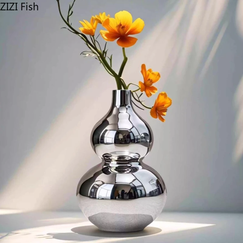 Golden Silver Gourd Ceramic Vase Desktop Ornament Flower Vessel Small Mouth Decorative Vases Hydroponic Vase Flowers Arrangement