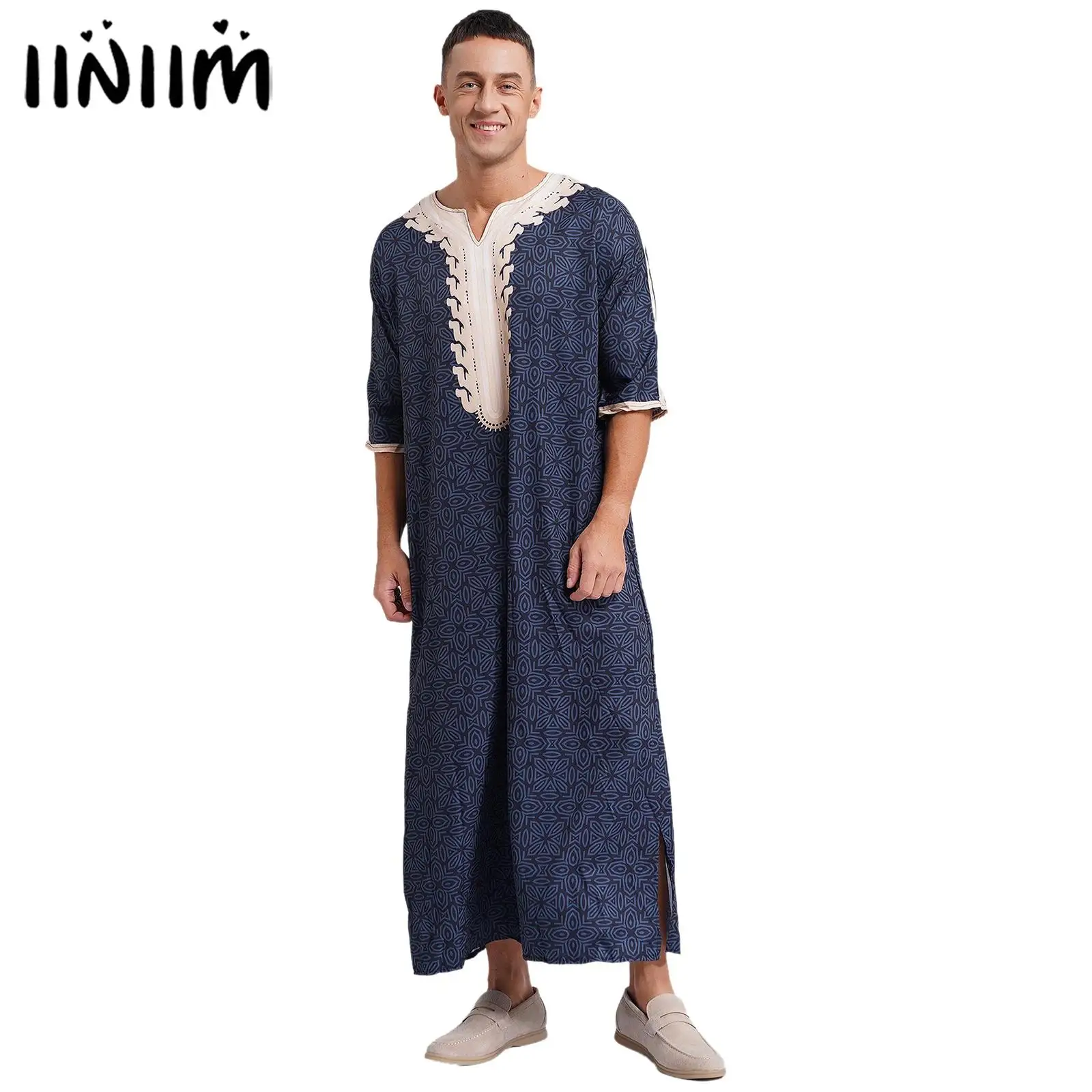 Robe estampado muçulmano islâmico masculino, roupas de cosplay gola V, manga curta, bainha de fenda, caftan solto, túnica árabe para festa, loungewear para férias