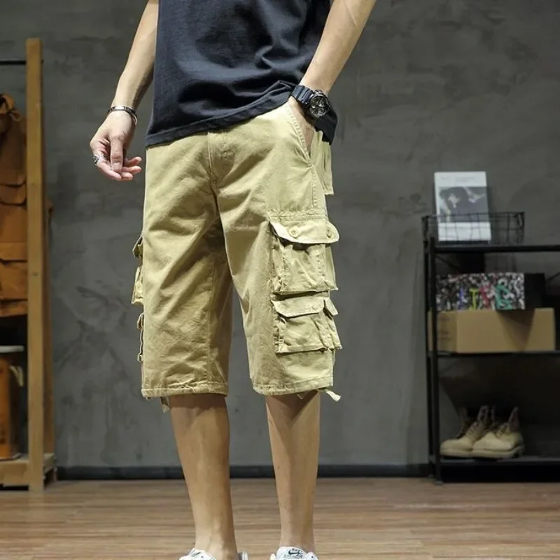 Широкие мешковатые шорты выше колена с карманами, мужские шорты-карго, свободные короткие брюки для мужчин, однотонные джерсы, японский уличный стиль, винтажные популярные