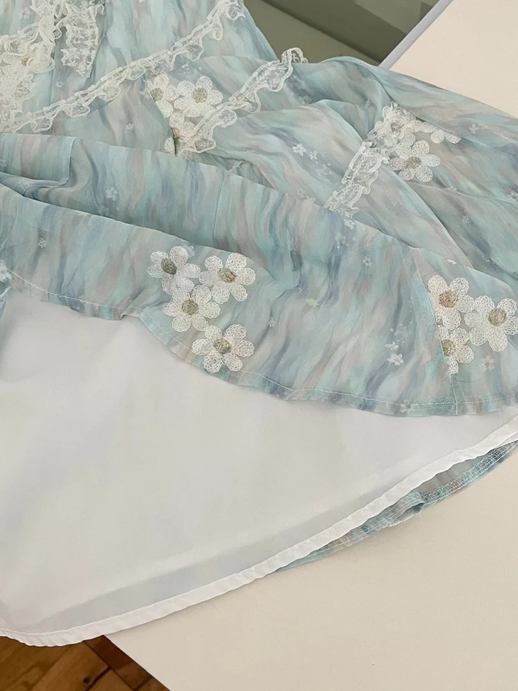 Abito all'americana da donna in pizzo senza maniche con canotta in rete Mini abito femminile 2025 Abito corto floreale ricamato con cerniera Abito a pieghe stampato