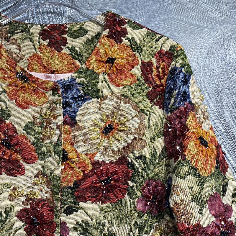 DLDENGHAN Autumn Covered Button Beading Coat Women O-Neck Three Quarter Sleeves Flower Print Vintage Outerwear Fashion Designer