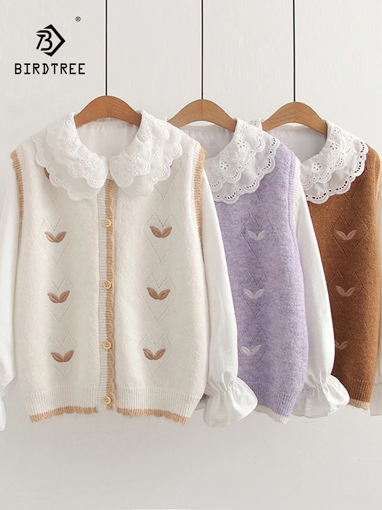 

New 2025 Winter Cotton Women Shirt Knit Vest Set, O Neck Cute Embroidery, Mori Girl Chic Age Reduction Loose Blouse Set S5N028CC