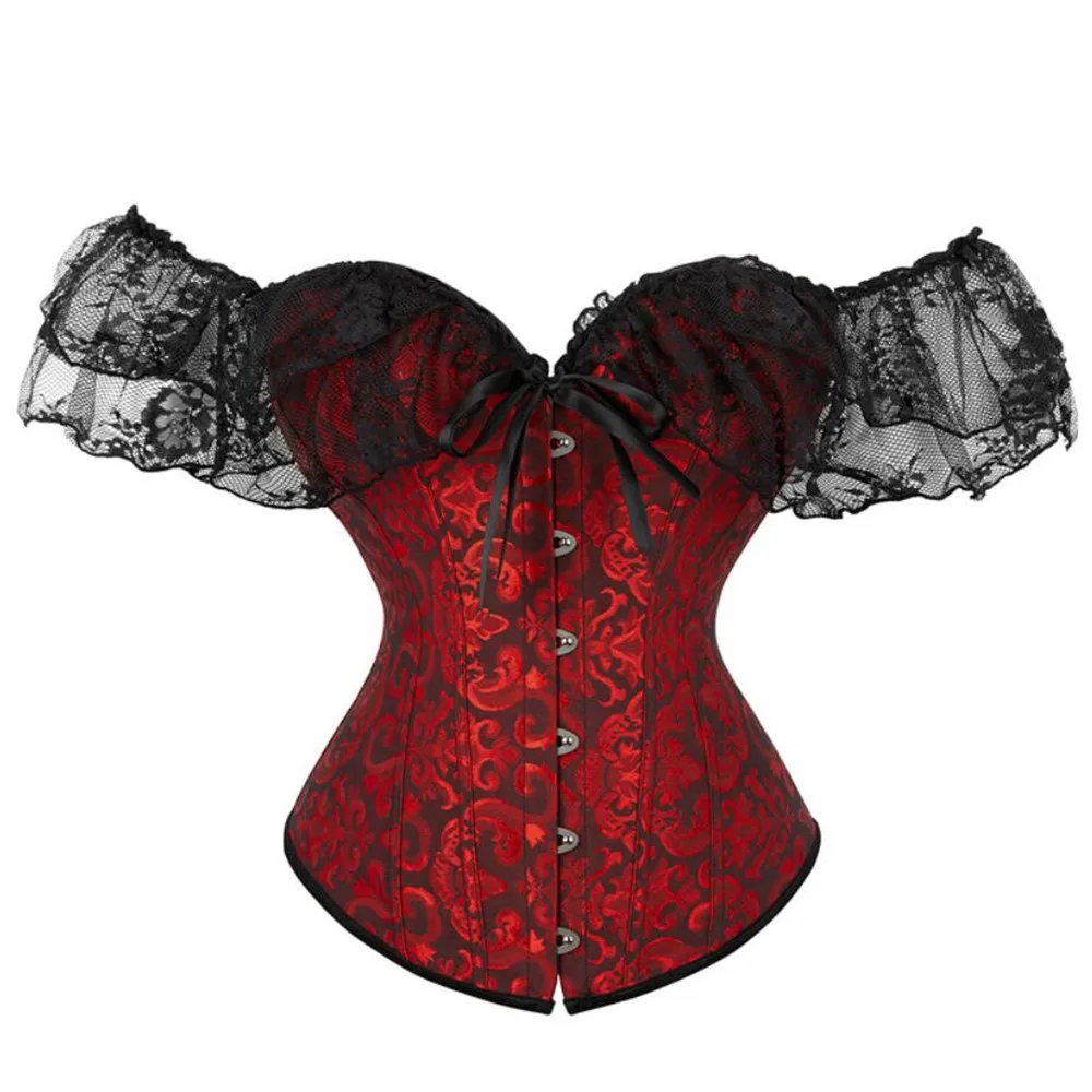 

Floral Lace Up Bustiers & Corsets Gothic Corset Top off Shoulder Sleeve Plus Size Burlesque Costumes Overbust Vintage Sexy Party