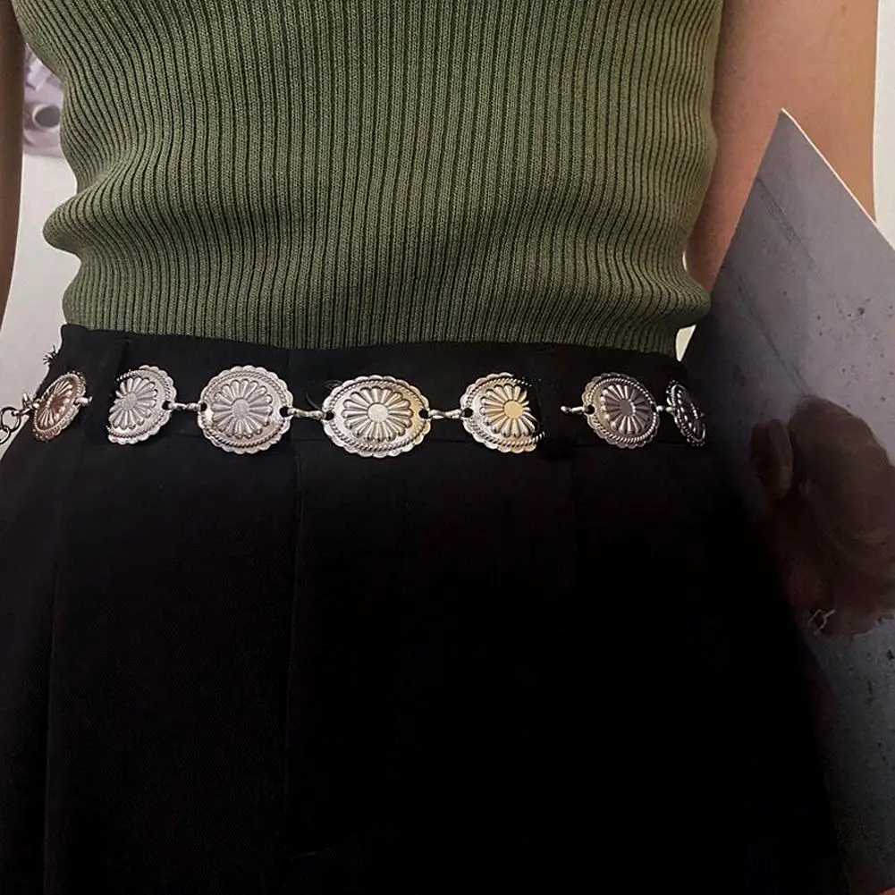 Fashion Metal Waist Chain Belt For Women Vintage Luxury Y2k Style Silver Round Disc Carved Adjustable Belt For Dress Accessory