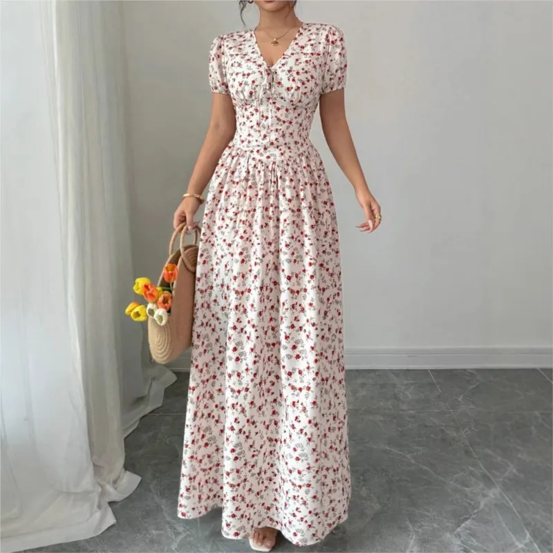 

Summer Vacation Maxi Dress Comfortable and Gentle Floral Print Short-sleeved High-waist Long Skirt Dresses for Women 2026 Summer