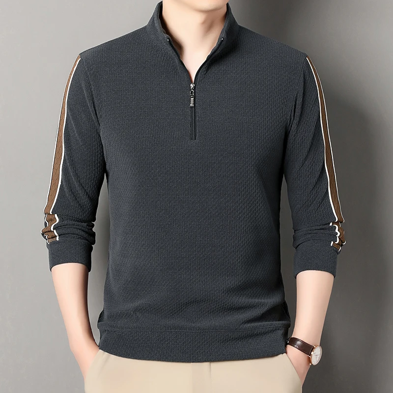 Men's 2024 Autumn New Luxury Quality Solid Color Zipper Wool Long Sleeved Casual Comfortable Thick Silk T-shirt Top Men's Wear