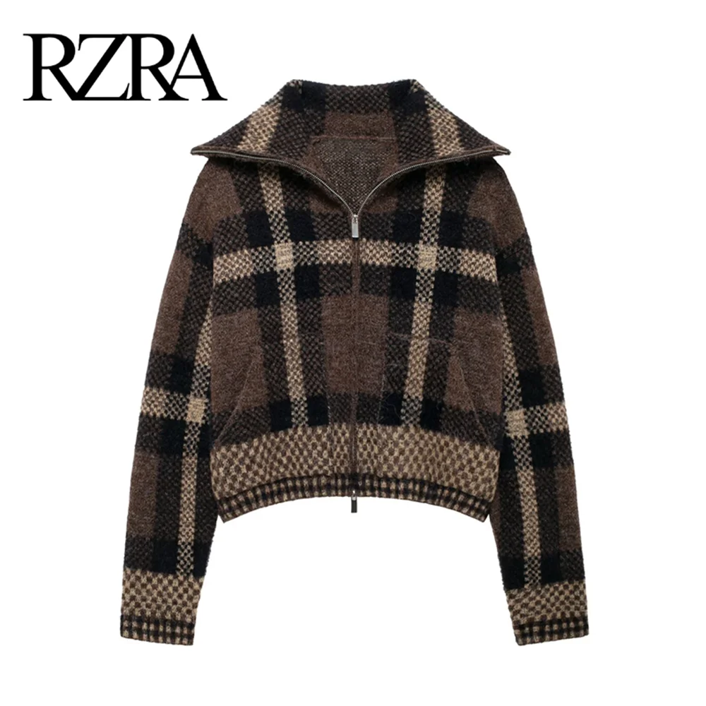 RZRA2024 autumn and winter new women\'s plaid high collar long sleeve elegant casual knitted jacket coat soft and comfortable