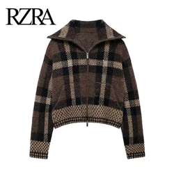 RZRA2024 autumn and winter new women's plaid high collar long sleeve elegant casual knitted jacket coat soft and comfortable