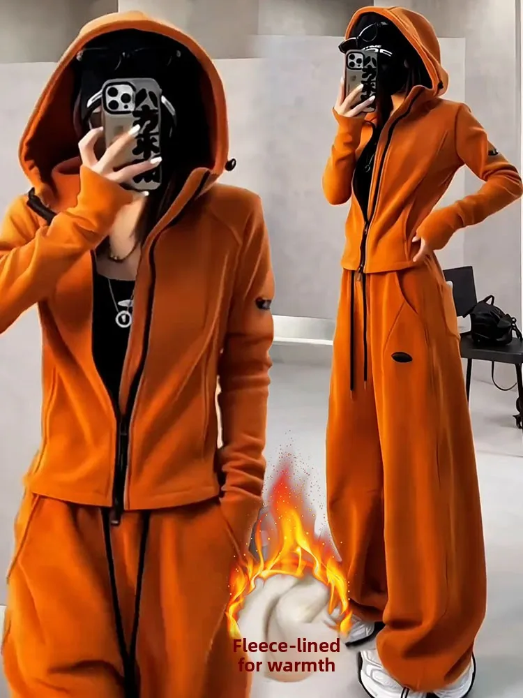 

Модный комплект из двух предметов: брюки с широкими штанинами и худи, женский, новинка 2026 года, зимний, повседневный спортивный костюм, удобный, с высокой талией, из хлопка