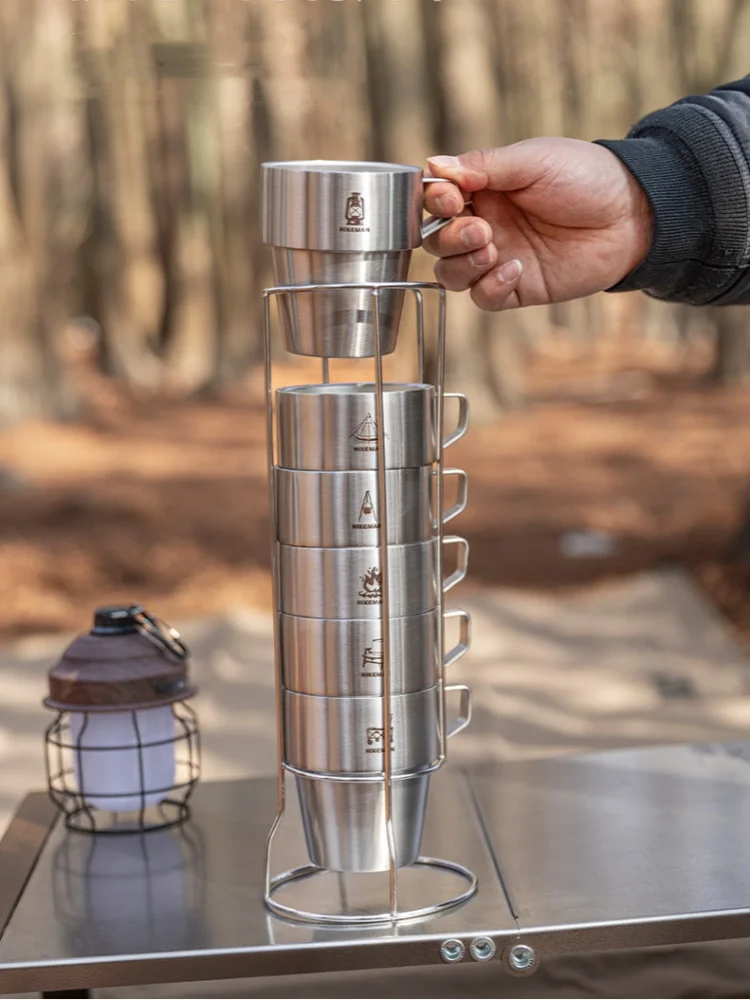 Portable 304 Stainless Steel Camping Coffee Cup Outdoor Camping Water Cup With Handle 300ml Double Layer Anti-Scalding Water Cup