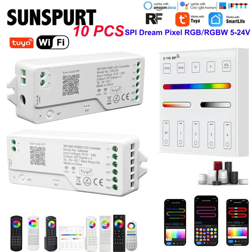 Tuya WiFi Addressable LED Controller WS2815/13 WS2811 WS2812B SPI RGBWIC RGBIC LED Strip Dimmer LED Controller 5-24V Pixel Strip