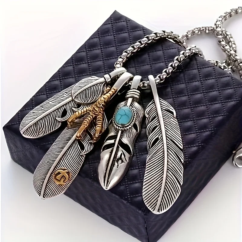 

Vintage Punk Style 4-piece Feather Pendant Necklace, Uniquely Designed Hip-hop Trendy Accessory, Suitable for Both Men and Women