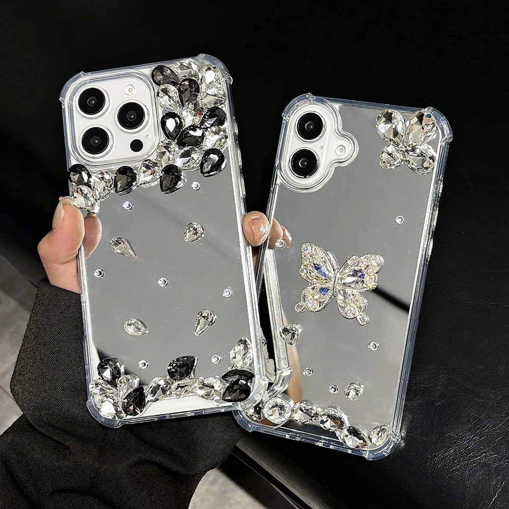 Luxury Rhinestone Makeup Mirror Phone Case For iPhone 16 15 14 13 12 11 Pro X XR XS Max 7p 8p Mini Butterfly Shockproof Cover